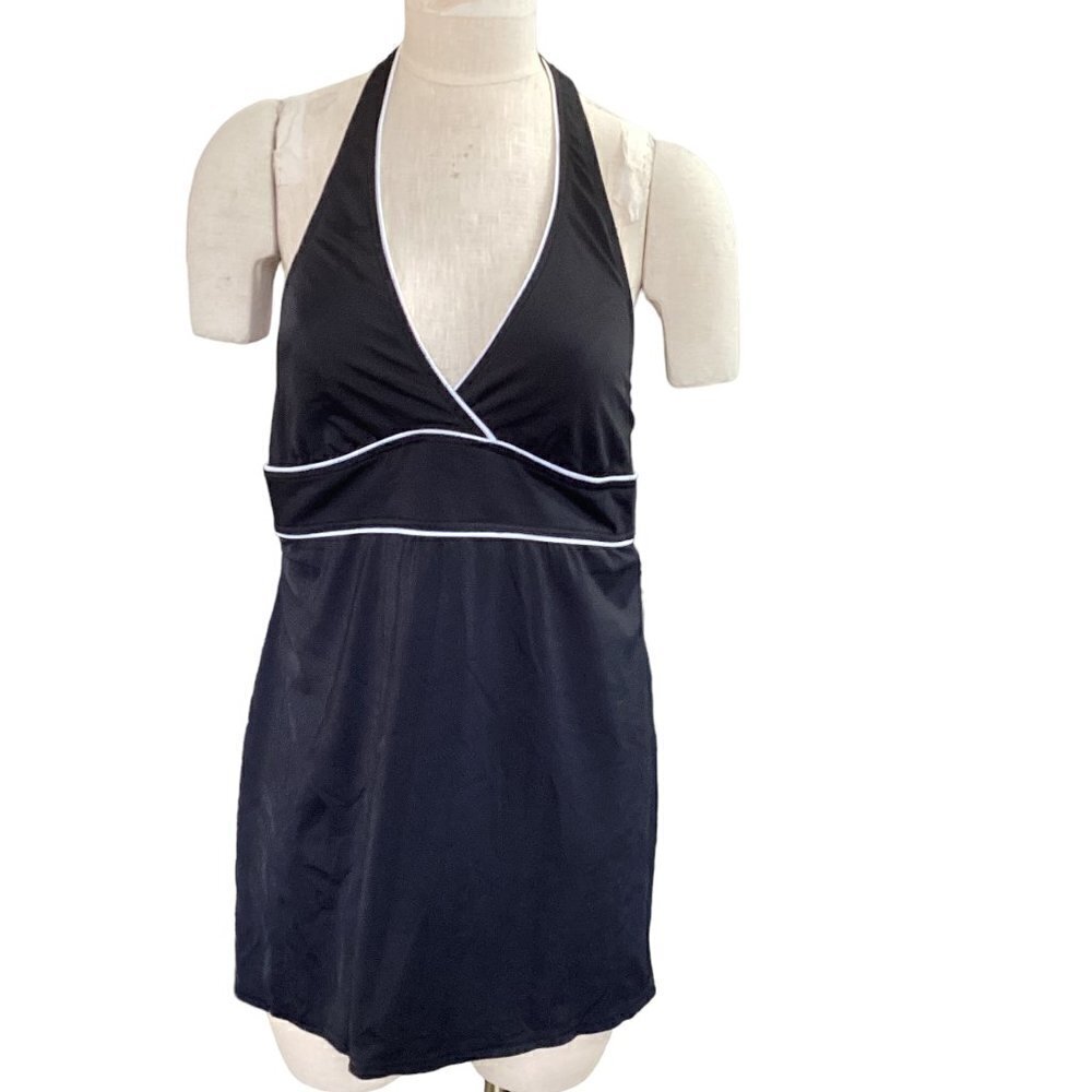 Lands' End Halter 1-Piece Swimsuit Black ‎ w/ White Piping Plus Size 18 #135G